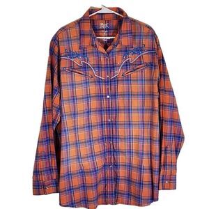 Rock 47 By Wrangler Women's Orange Blue Plaid Embroidered Button Up Shirt 3XL
